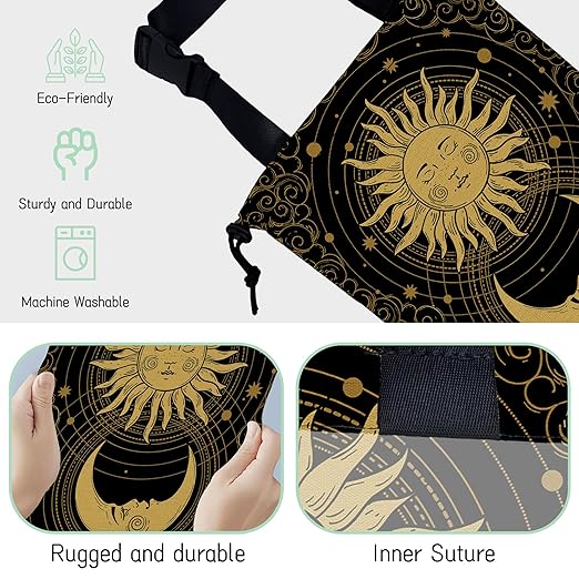 NHNXHWIA Mystical Sun Car Trash Bag,Golden Crescent Moon Hanging Drawstring Car Garbage Bag,Waterproof Canvas Car Back Seat Organizer with Adjustable Buckle,for Vehicles,SUVs,Camping,Road Trips