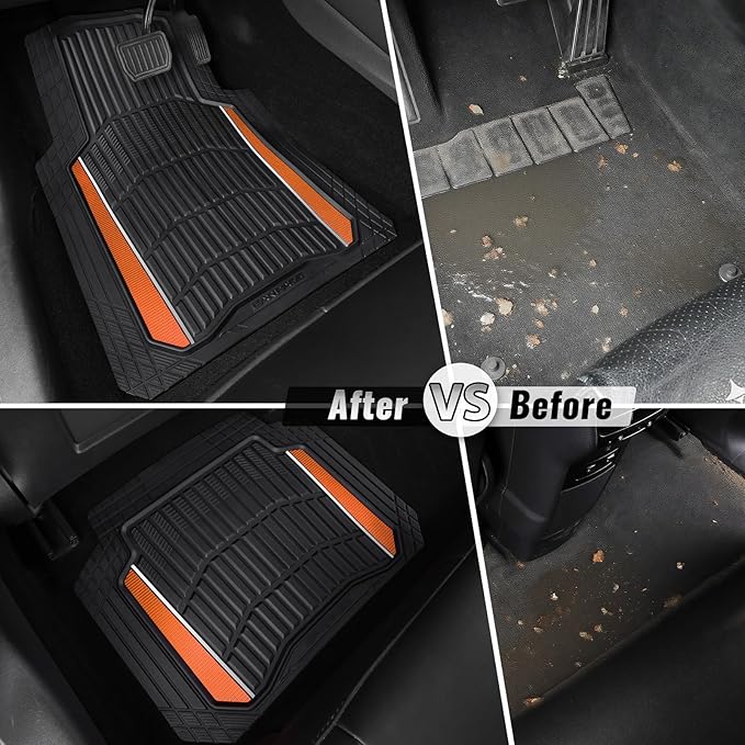CAR PASS Heavy Duty Rubber Car Floor Mats, Deep Waterproof Car Floor Mats All Weather, Aluminum Film Floor Mats for Cars Non-Slip Universal Trim Fit for SUVs Trucks Sedans Vans, Black Orange Metallic