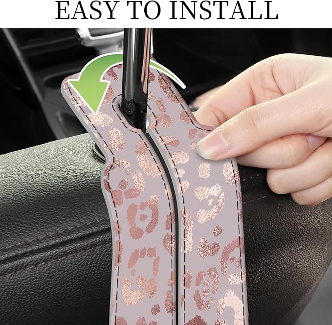 AXRQLSU PU Leather Car Seat Hook, Storage Headrest Hanger, Cute Car Backseat Organizer, Car Hooks For Purses and Bags Pink Leopard Print