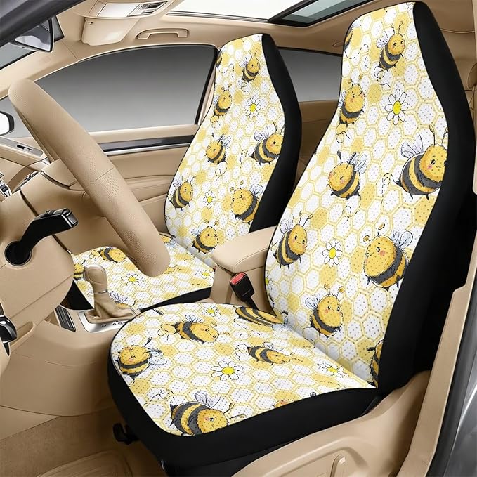 FUSURIRE Universal Yellow Bee Car Interior Accessory Set 5Pcs PU Front Seat Covers, Seat Belt Covers & Center Armrest PadFit for SUV Truck Van Year Round Use