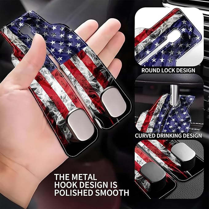 AEWNUNK Car Headrest Purse Hanger Vintage National America Flag 1 Pack Bag Purse Holder for Car Premium Leather Double Metal Hook for Handbags, Grocery Bags and Phones