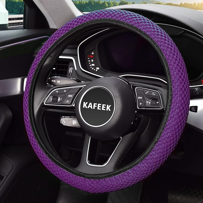 KAFEEK Elastic Stretch Steering Wheel Cover 15 Inch, Breathable Ice Silk Microfiber, Non-Slip Grip, Warm in Winter and Cool in Summer, Odorless, Car Accessories Fit Cars, SUVs, Purple