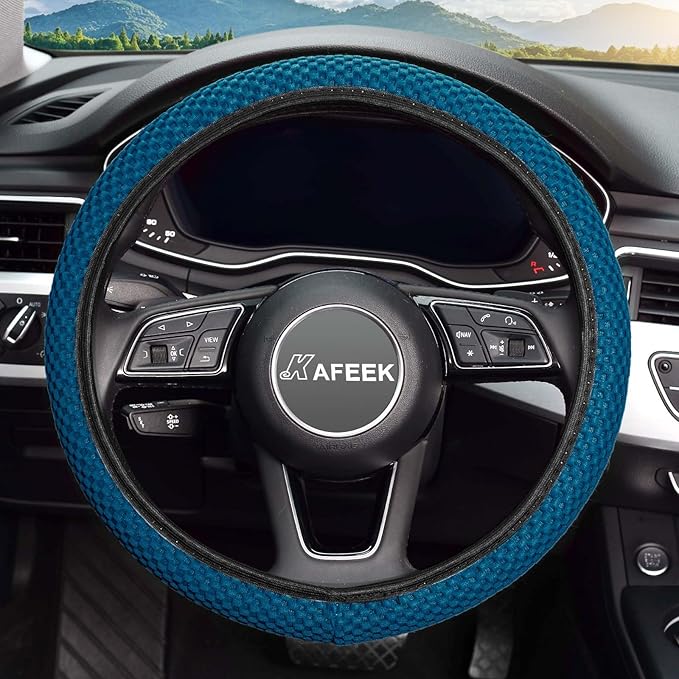 KAFEEK Elastic Stretch Steering Wheel Cover, Breathable Ice Silk Microfiber, Non-Slip Grip, Warm in Winter and Cool in Summer, Odorless, Car Accessories Fit Cars, Sedans, SUVs, Sky Blue