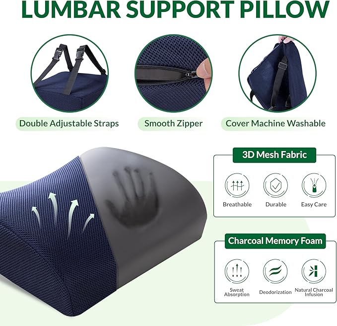 FuturaLoom Charcoal Memory Foam Seat Cushion & Adjustable Lumbar Pillow Set - Back Support for Pain Relief (Sciatica,Tailbone),Washable & Non-Slip,Multipurpose for Office,Car,Wheelchair - Navy Blue