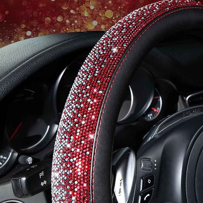 CAR PASS Bling Diamond Leather Steering Wheel Cover, Bling Sparkly Crystal Glitter Rhinestones Universal Fit 14" 1/2-15" Car Wheel Protector for Women Girl Fit Suvs,Vans,Sedans,Trucks, Red Silver
