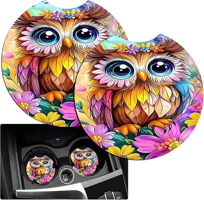 JANENFNA Car Armrest Cover Pads Universal Fashion Cute Auto Center Console Armrest Cover Pad with 2PCS Car Coasters Soft Waterproof Car Armrest Seat Protector for Women,Colorful Owl-A