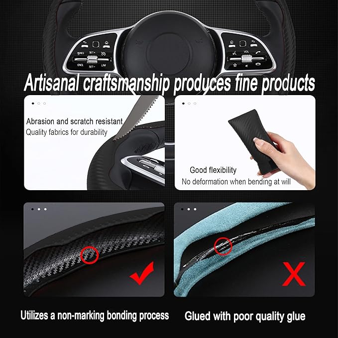 LevChall Carbon Fiber Steering Wheel Cover, 3-Piece Set Anti-Skid Comfortable Grip Segmented Butterfly Design, Easy Snap-On Installation Universal Fit 99% Cars, Black