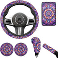 Bohemian Style Car Accessories for Men Women Flower Print Car Steering Wheel Cover Set 6 Pcs Cup Coaster Handbrake Gear Cover Suit for Most Cars Truck Vans SUV
