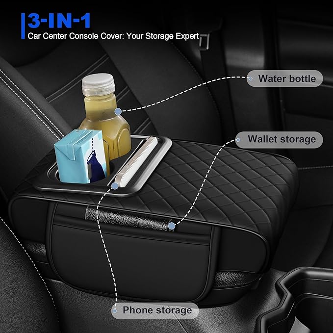 Upgraded Car Center Console Cover Fit for Subaru Forester Thick Leather Car Armrest Cover with 2 Storage Pockets,Cup Holder,Phone Slot(Black)