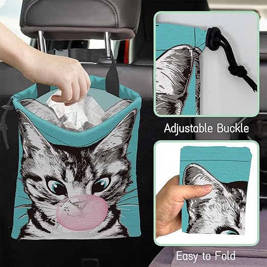 NHNXHWIA Cute Cat Car Trash Bag,Kitten Blow Bubble Gum Hanging Drawstring Car Garbage Bag,Waterproof Canvas Car Back Seat Organizer with Adjustable Buckle,for Vehicles,SUVs,Camping,Road Trips