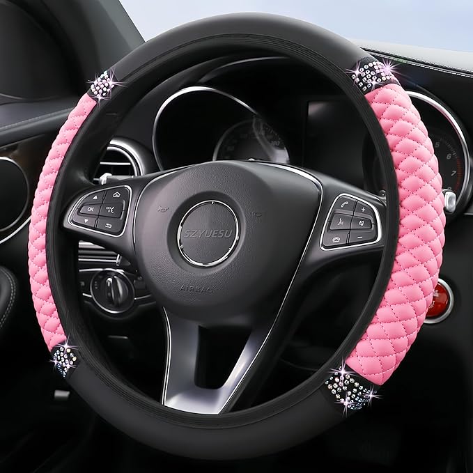 Bling Soft Leather Steering Wheel Cover 15 Inch with Sparkly Diamond Rhinestones for Women and Girls – Elastic Car Accessory for Most Cars (Pink)