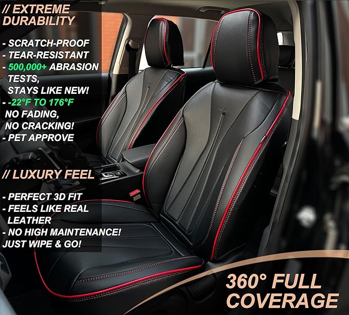 PINCTROT Car Seat Covers Front Set, Breathable Soft Pebbled Leather, Luxury Waterproof Seat Cushion, Airbag Compatible, Seat Protector Universal Fit Most Cars (Front Set, Black Red Trim)