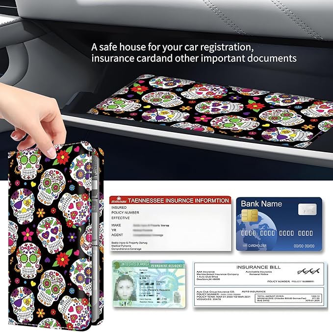 BAUCIWLD Premium Car Registration and Insurance Card Holder, Cute PU Leather Car Document Holder, Vehicle Glove Box Car Organizer with Magnetic Closure for Driver License, Cards Floral Skull