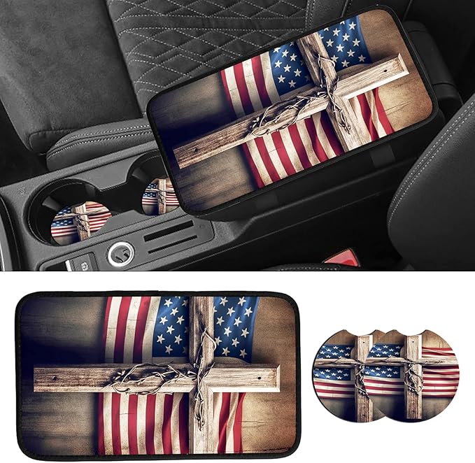 JANENFNA Car Armrest Cover Pads Universal Fashion Cute Auto Center Console Armrest Cover Pad with 2PCS Car Coasters Soft Waterproof Car Armrest Seat Protector for Women,Wooden Cross Flag