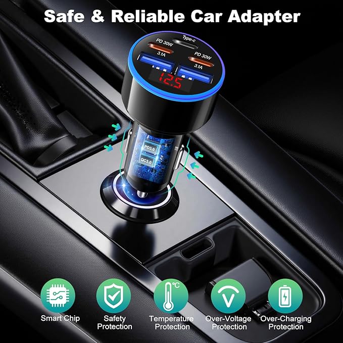 USB C Car Charger, OKRAY 2Pack 90W 5-Port PD30W Super Fast Charging Type C Car Charger 12v Cigarette Lighter Adapter + 4Pack USB-C Cords for iPhone 17 16e 16 15 14 Pro, iPad Air, Galaxy S25 S24 A16