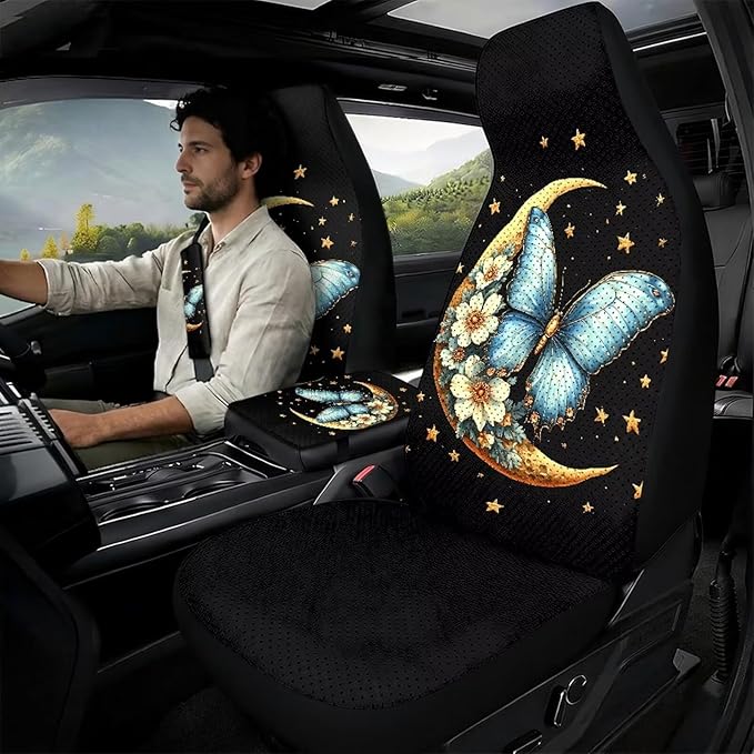 Qeluxign Car Seat Covers Butterfly Moon Star 2 Front Seats Universal Fit Center Console Protector Auto Seat Belt Cover Against Stains, Spills, Dust Car Interior Accessories 5 Piece Set
