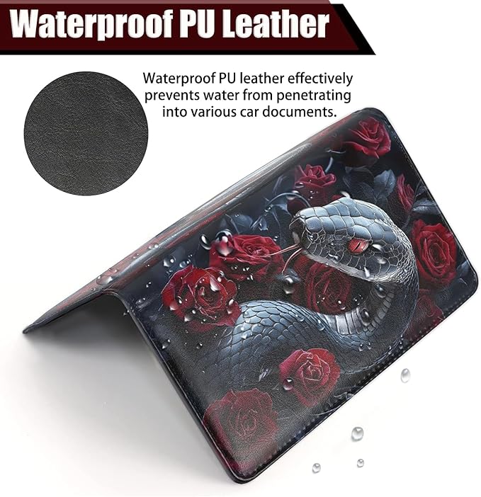 Car Document Holder with Magnetic Shut, Car Registration and Insurance Card Holder, Vehicle Glove Box Organizer Documents, Driver License, Auto Paperwork Organizer Wallet, Black Snake Guarding Rose