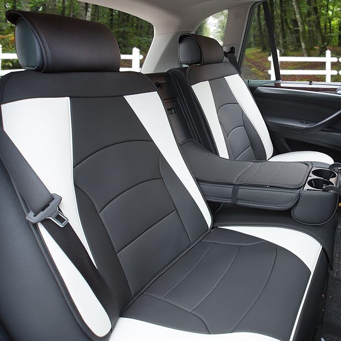 FH Group Ultra Comfort Highest Grade Faux Leather Full Set Cushion Pads Car Seat Covers for Front and Rear– Universal Fit for Cars Trucks & SUVs (White/Black)