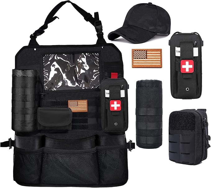 Upgrade Tactical MOLLE Car Back Seat Organizer With 14 Multi-Pockets and 4 Detachable Pouches: Trucker hat, Trauma Medical & Water Bottle Pouch, EDC Pouch, Vehicle Protector Organizer