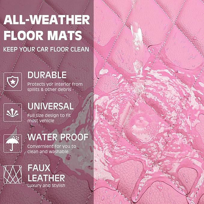 CAR PASS Luxury Faux Leather Floor Mats for Cars, Waterproof All Weather Car Mats Full Set, Anti-Slip Deluxe Automotive Floor Mats Universal Fit for Most SUV,Vans,Sedans,Trucks, 4 Piece Pink