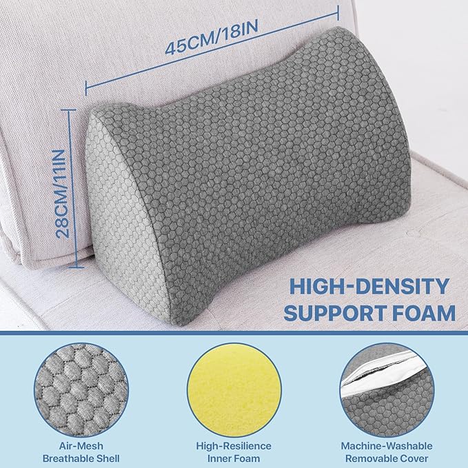 CHERRYARN Lumbar Support Pillow Memory Foam Breathable Support for Office Chair, Car Seat, Sofa, Bed - Relieves Back, Spine, Neck Pain for Ergonomic Comfort Gray 18 * 11 * 7.5in