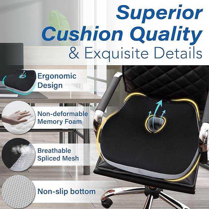 Car Seat Cushion, Ergonomic Memory Foam Car Cushion for Sciatica Pain Relief, Larger Driving Seat Pillow for Short Drivers on Long Drives - Butt Pillow for Truck, Office, Wheelchair - Black&Gray