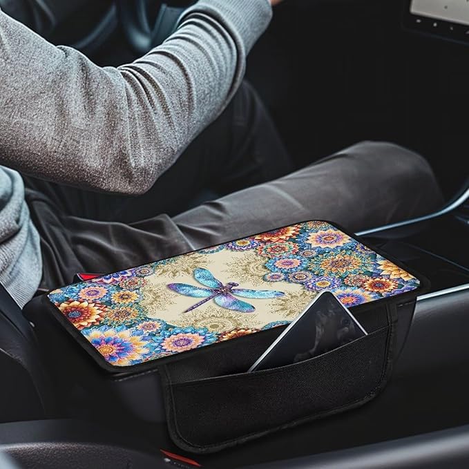 Dreaweet Boho Dragonfly Car Armrest Cover for Women Car Center Console Cushion Pad Easy to Install Car Arm Rest Cover with Pockets Universal Console Covers for Car SUV Trucks Van