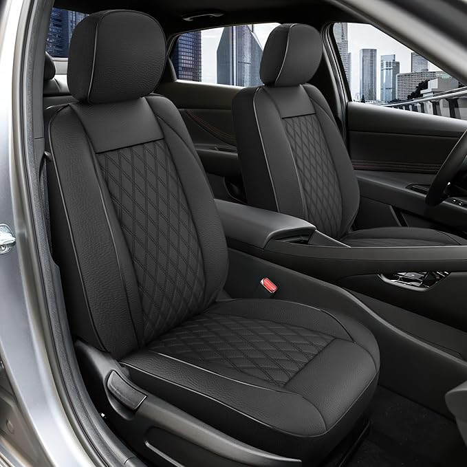 GIANT PANDA 2PCS Front Seat Covers for Hyundai, Piping Leather Durable Waterproof Seat Cover to Fit Sonata Elantra Santa Fe Tucson Accent Kona Palisade Genesis, Airbag Compatible (Black)