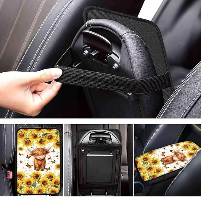 Floral Highland Cow Car Center Console Cover Cute Cattle Automotive Center Console Cushion Protector Non Slip Armrest Box Pad Cute Cow Car Accessories for Women Girls