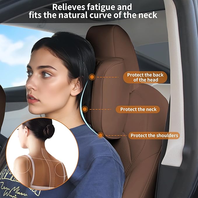 Dapucarin Car Headrest Pillow U-Shaped, Memory Foam Head Neck Support Cushion for Driving, Leather Head Rest Travel Pillows for Sleeping, Breathable Removable Cover, Brown, 1 Pack