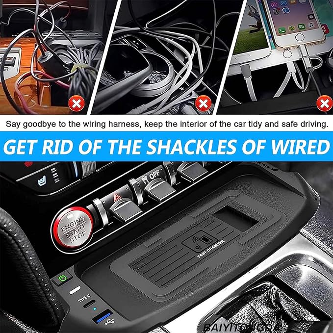 2023 Upgraded Version Wireless Car Charger for Ford Mustang 2015-2022, Center Console Wireless Charging Tray Qi Wireless Charging Station with USB Port