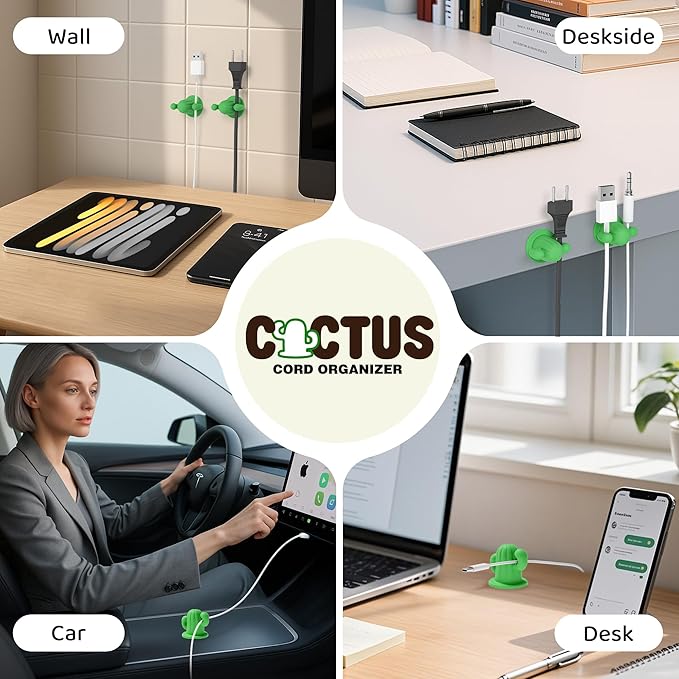 ELETIUO Cactus Cable Management Clip-Silicone Cable Clips Organizer with Strong Adhesive, Universal Cord Holder for Desk,Home,Car-Tangle-Free Wire Organizer for Type-C,USB, HDMI (2-Pack, Green)