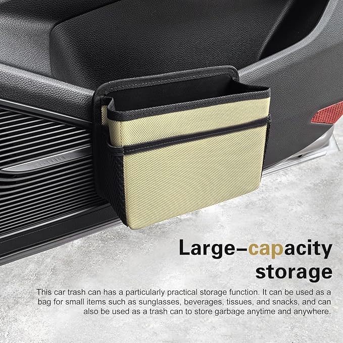 Collapsible Car Trash Can, Oxford Cloth Auto Trash Bin Hanging, Waterproof Automotive Interior Hanging Mini Dustbin Storage Bag Accessories for Vans, SUVs (Beige)