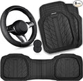 CAR PASS Leather Rubber Steering Wheel Cover 14 1/2” -15”,Tire Tread Pattern Design,Non-Slip Wear-Resistant, Heavy Duty Deep-Dish Car Floor Mats, Trim-to-Fit Car Mat,Fit for Steering Wheel Black