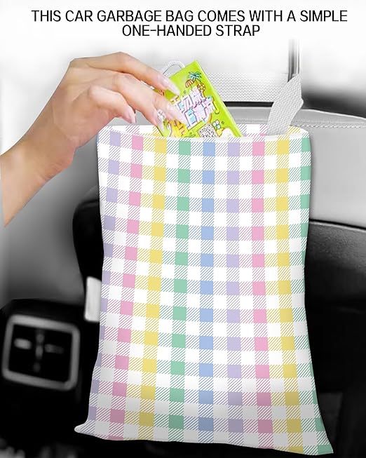 ANKVRP Car Trash Can, Durable Hanging Car Trash Garbage Bag, Cute Automotive Garbage Cans Organizer, Cute Rainbow Checkerboard