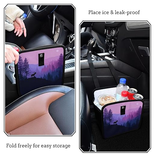 Car Trash Can Organizer Bin with Adjustable Strap for Back Front Seat Console Waterproof Leakproof Collapsible Portable 11 Inch Purple Stag Mountains and Forest