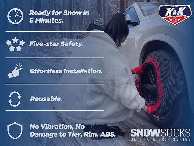 K&K Auto Snow Socks for Tires – Pro Series for Ultimate Grip Approved Snow Chain Alternative Traction Device – Tire Sock for Car SUV Sedan Coupe – Winter Travel Accessory Emergency Kit – Large (2pcs)