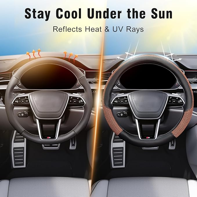 KAFEEK Steering Wheel Cover, Universal 15 inch, Microfiber Leather Viscose, Breathable, Anti-Slip,Warm in Winter and Cool in Summer, Black&Brown