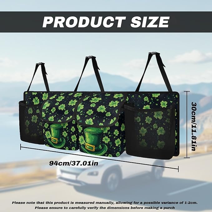 CLOHOMIN Green Hat Car Trunk Organizer for Sedan Green Leaf Car Organizers and Storage with 4 Pockets Hanging Back Seat Organizer St. Patrick's Day Car Storage Accessories Interior