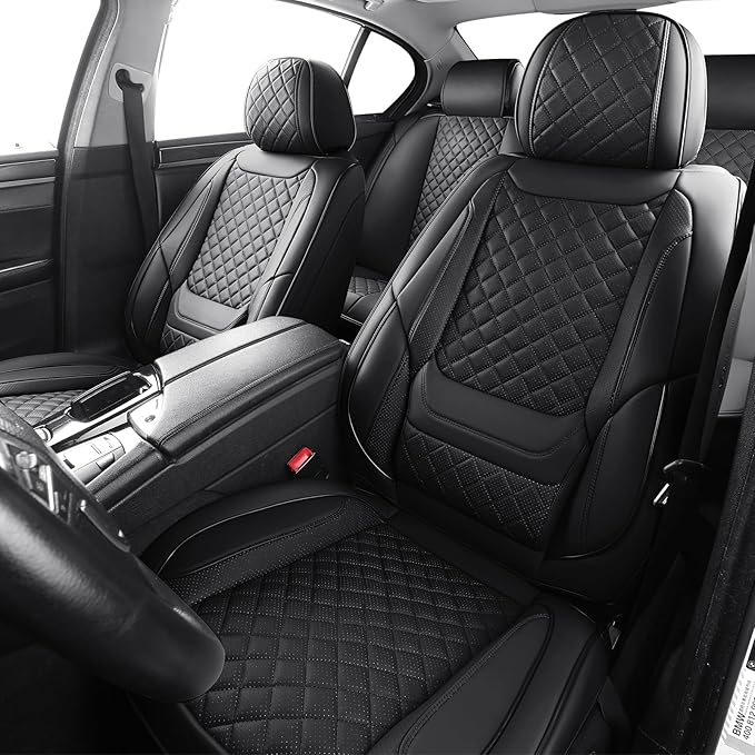 hoozoom Leather Front Seat Covers for Cars Breathable Seat Covers Waterproof Seat Protectors Universal Fit for Most Automotive Cars SUV Trucks Van (Black, Front Pair)