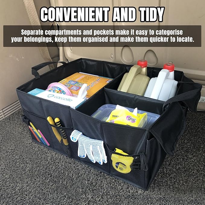 Hovom Car Trunk Organizer, Collapsible Trunk Backseat Organizer, Multi-Compartment Car Organizers and Storage, Foldable Trunk Storage Organizer for SUV, Road Trip Essentials Accessories (1PCS)