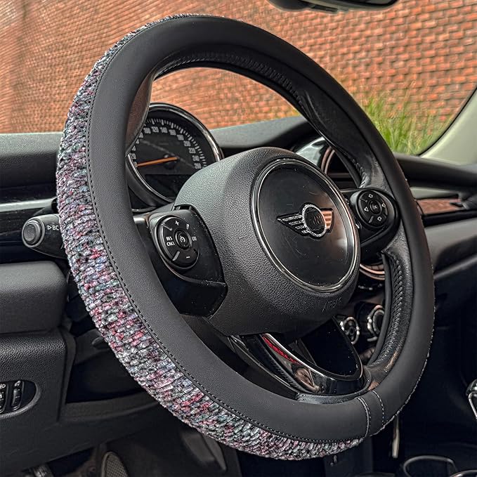 PINCTROT Large Size Chenille Leather Steering Wheel Cover, Soft Mottled Colors, Sweat-Proof, Non-Slip Grip, All-Season Comfort, 15.5-15.75 Inch(Mottled Purple)