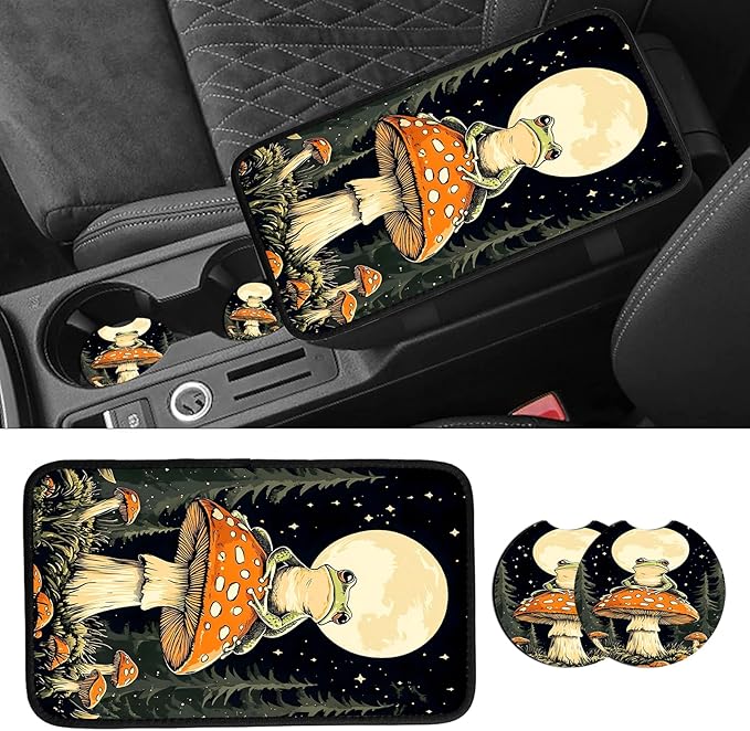 JANENFNA Car Armrest Cover Pads Universal Fashion Cute Auto Center Console Armrest Cover Pad with 2PCS Car Coasters Soft Waterproof Car Armrest Seat Protector for Women,Frog on Mushroom