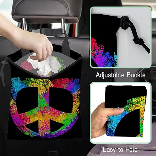 NHNXHWIA Love and Peace Car Garbage Bag,Waterproof Small Car Trash Bag Hanging Back of Seat,Drawstring Hanging Car Trash Bag with Adjustable Buckle for Car Accessories