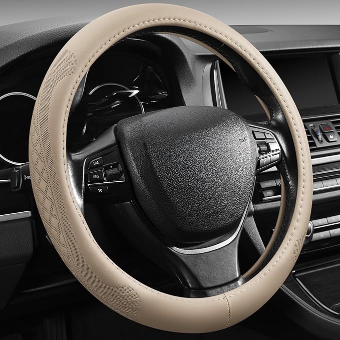 【2025 Model】 Breathable Soft Leather Car Steering Wheel Cover for Men Women, Non-Slip, Comfortable,Universal 15 inches Steering Wheels, Beige