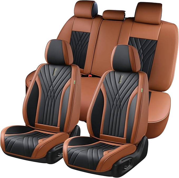FLORICH Leather Seat Covers Full Set, Universal Seat Covers, Leather Car Seat Vehicle Cushion, Brown Automotive Seat Covers Accessories for Car Sedan SUV Truck