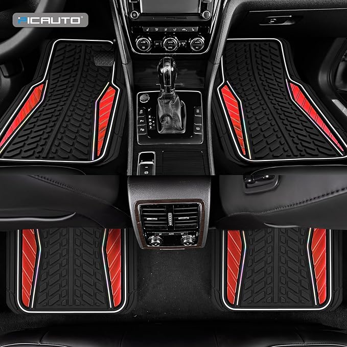 PIC AUTO Car Floor Mats, Red Aluminum-Molded with Full-Circle Iridescent Inlay Strip Car Mats, Universal-Fit Rubber Mats for Cars, Trucks & SUVs, All-Weather, Non-Slip, Easy-to-Clean Interior Mats