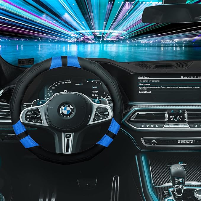 Achiou Blue Car Steering Wheel Cover Universal 15 inch with Grip Contours, Leather Auto for Men and Women Non-Slip Breathable Soft and Comfortable