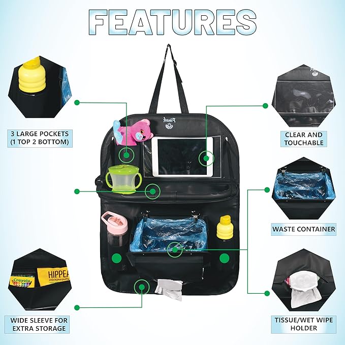 PINUK Car Backseat Organizer with Built-in Foldable Tray | Double Layered Leather, Waterproof Car Seat Organizer with - Pockets | Easy Installation, Perfect for Family Trips and Daily Use