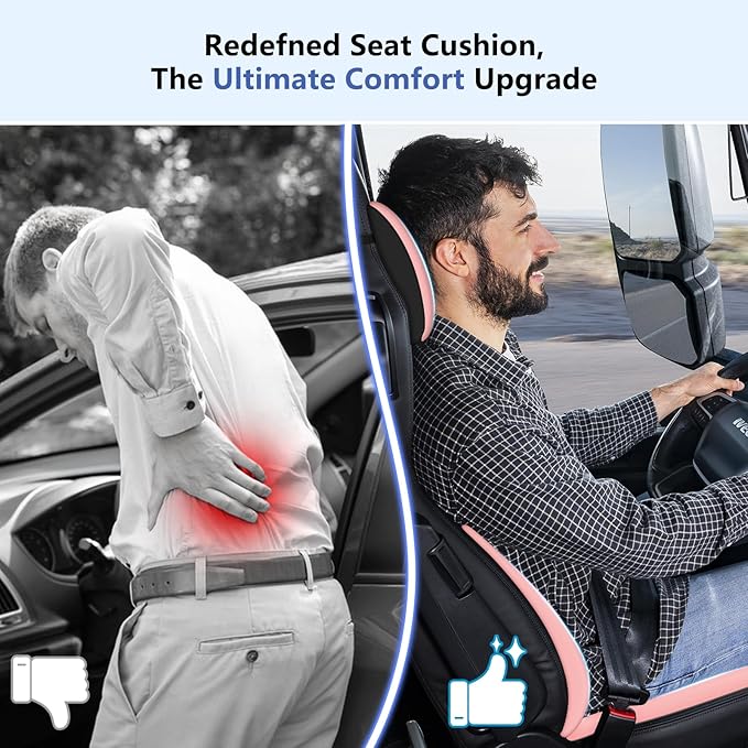 GEEYONTEK Car Seat Cushion with Neck Pillow & Lumbar Support Kit Back Sciatica Tailbone Pain Relief Car Pillows Ergonomic Memory Foam Back Support for Driving Seat Office Chair Wheelchair Pink
